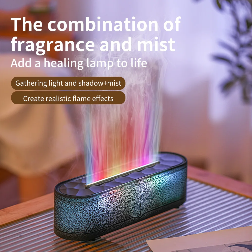 Difusor de aroma de chama 3d arco-íris, simulação de chama de fogo, umidificador de ar usb, estilo crack, chama colorida, difusor de óleo essencial