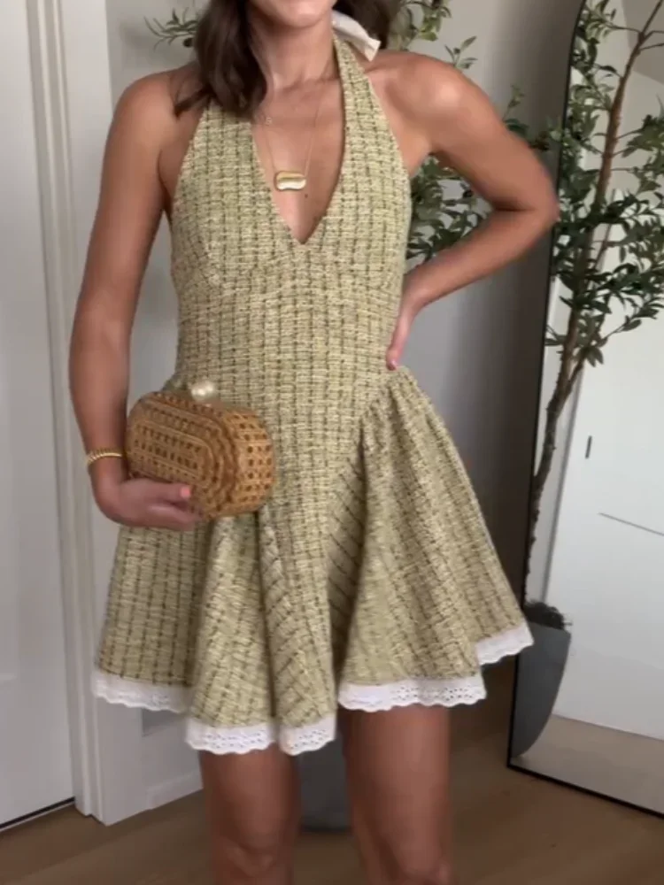 

Elegant V Neck Lace Up Backless Women's Summer Dress Patchwork Trim Hem Sleeveless Halter Neck A-line Short Dresses Party Robe
