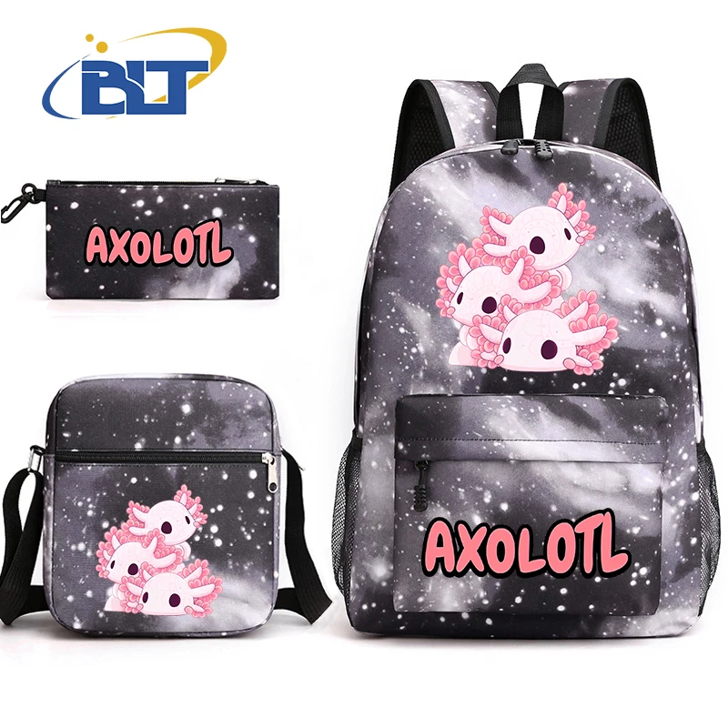 Axolotl cartoon print kids school bag set youth zaino borsa a tracolla astuccio 3 pezzi set regalo per bambini