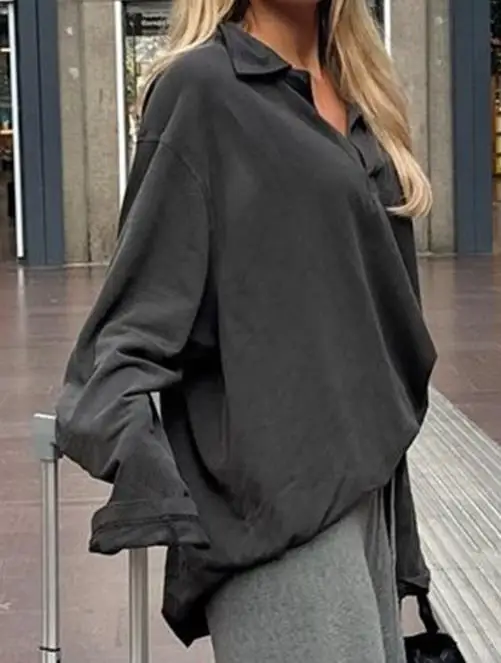 

Autumn 2025 Casual Vacation Style Loose Long Sleeved Sweatshirt for Women, Solid Color Lapel Casual Loose Long Sleeved T-Shirt