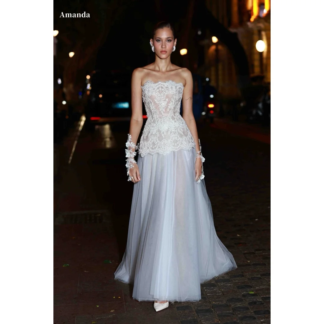 

Amanda Customized White Flowers Embroidery Lace Prom Dress Strapless Backless vestidos de noche Floor-Length Formal Evening 2025