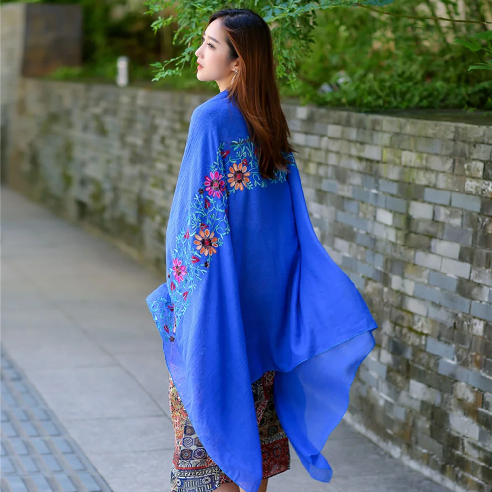 

Cotton Linen Flower Embroidered Scarf Royal Blue Super Comfortable Shawl Multi-Function for Women Floral Embroidery Scarves