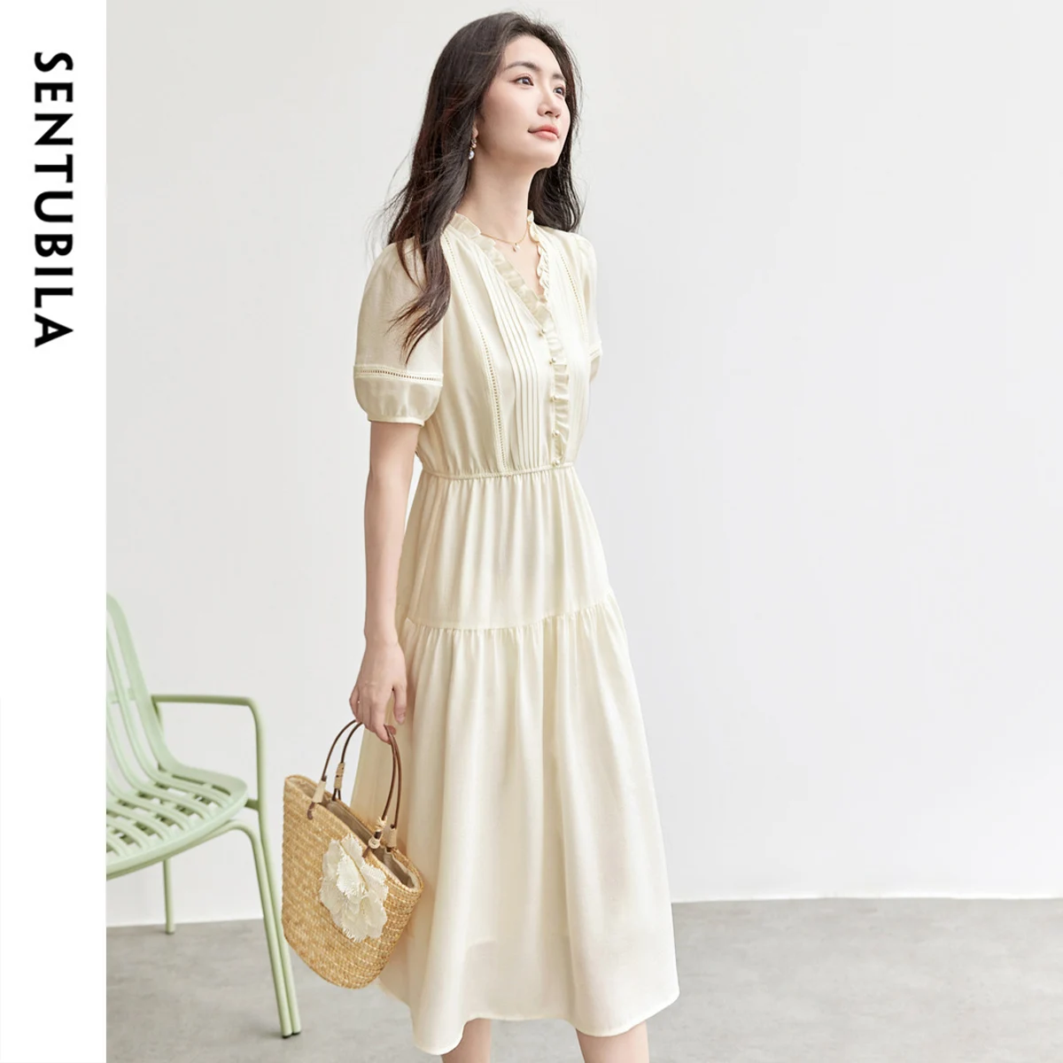 Sentubila vestidos de verão femininos 2025 senhoras moda lanterna manga curta elegante em camadas midi vestido roupas femininas 152ls0092