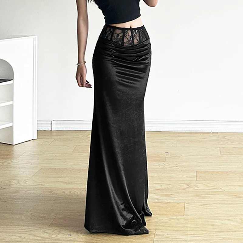 

Goth Dark Elegant Mall Gothic Velvet Trumpet Skirts Y2k Partywear Lace Patchwork Sexy Long Skirt Ladies Evening Black Slim Cloth