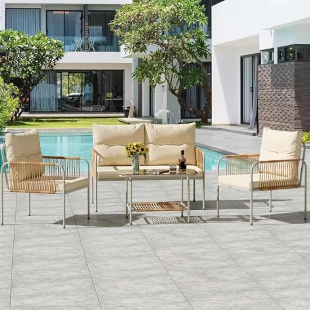 4 Pieces Patio Furniture Set, Wicker Outdoor Conversation Set, All-Weather Rattan Bistro Set with Loveseat Set, Coffee Table
