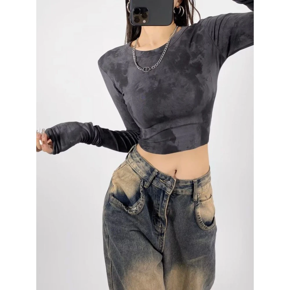 Jazz Street Dance Koop Tie Dye Slim Fit Long Sleeve Crop Top Women's Hot Girl Belly Show Short T-Shirt Base Layer Shirt