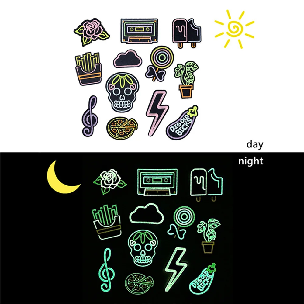 1Pcs 3D Nightglow Embroidery Patch  Icon Iron On Patches For Clothing DIY Stripes Clothes Patchwork French Fries Pizza Theme