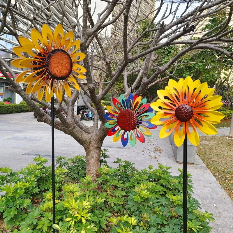 Outdoor Kindergarten Toy Playground Scenic Area Sunflower Windmill Double Sided Turning Iron Art Floor Decoration