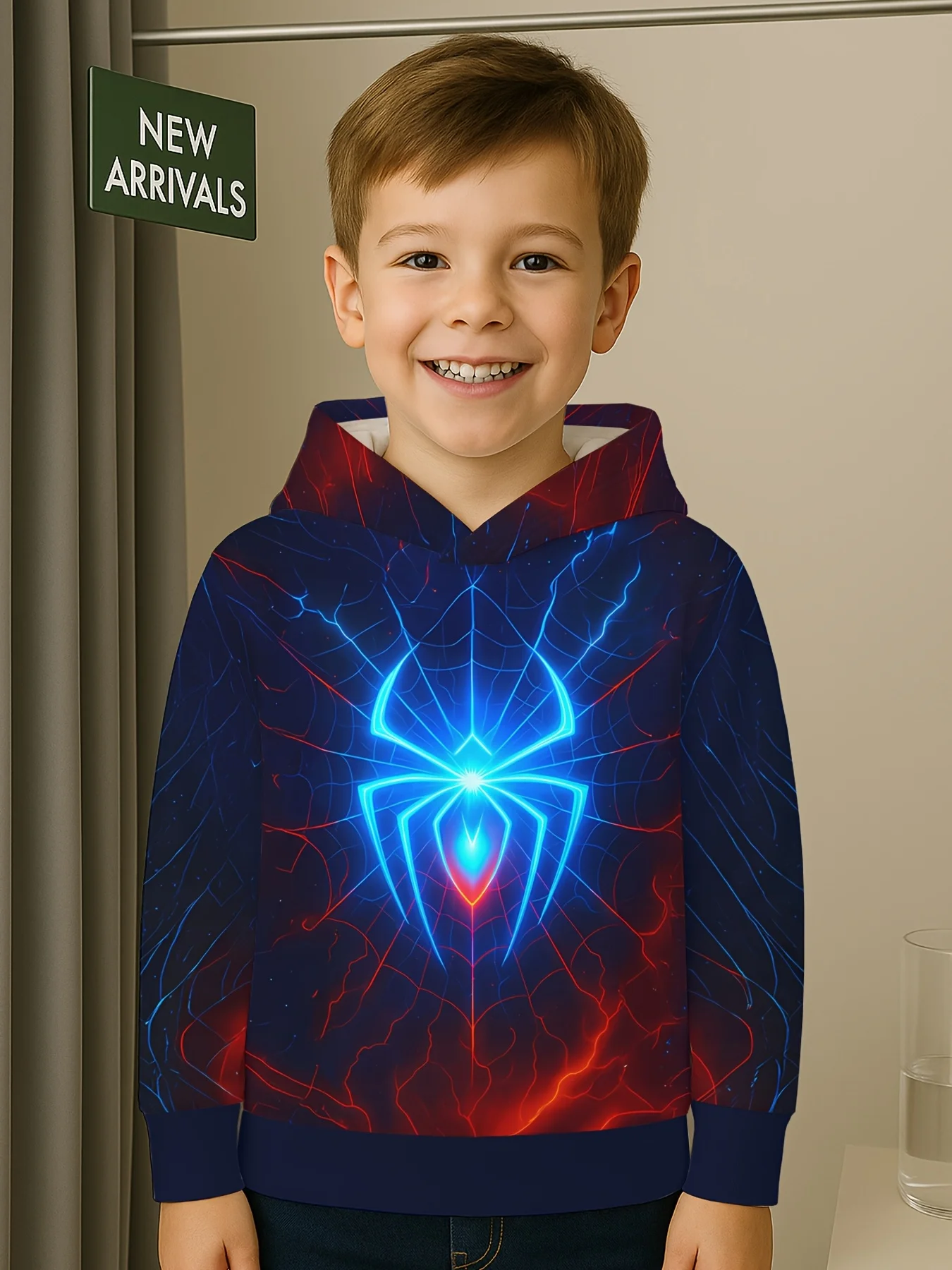 

New fashionable children's casual hoodie, 3D printed fluorescent spider pattern, daily wear, soft texture, comfortable touch