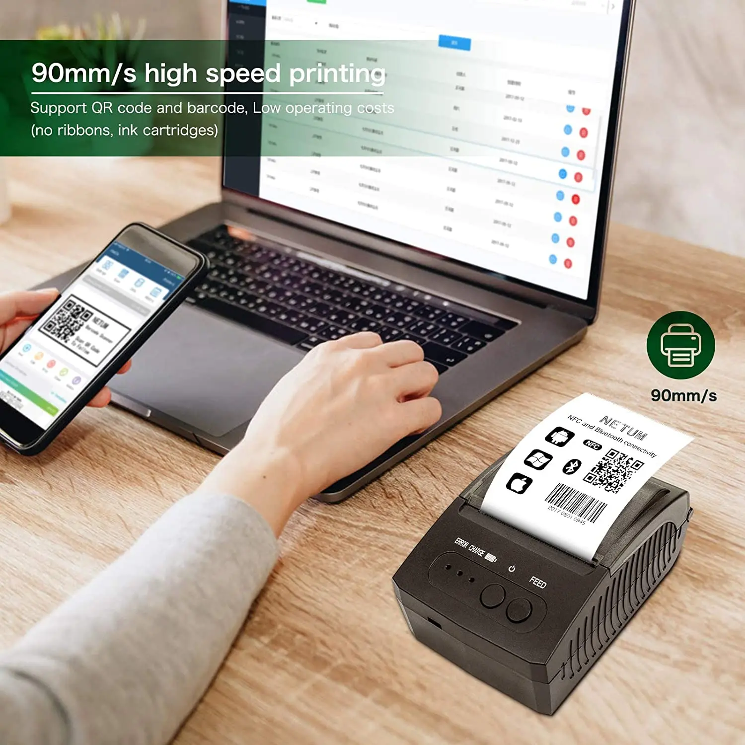 Bluetooth Receipt Printer, Portable 58mm Mini Thermal Pos Printer, Compatible with Android/Windows