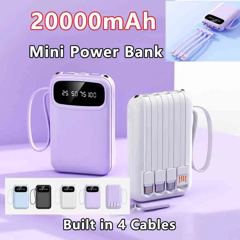 Display digitale da 20000 mAh Mini Power Bank 4 in1 Cavo integrato Power Bank Caricatore rapido Batteria esterna ultra sottile per iPhone
