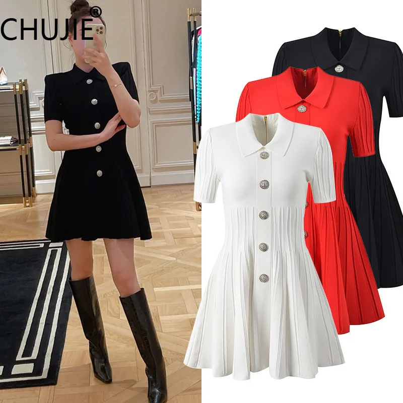 

Polo Collar Knit Dress - Slim Fit Single-Breasted - Elegant Spring Style - Viscose Blend