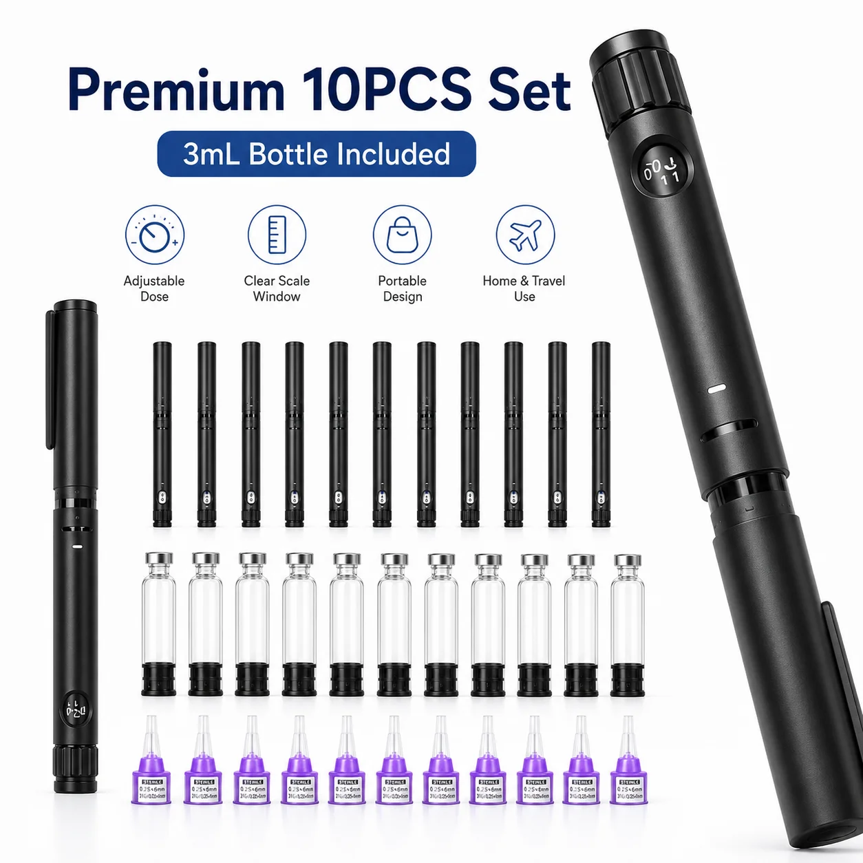 10PCS Disposable Insulin Injection Pen Set 60IU 3ml Adjustable Dose Injector with 10 Cartridges 10 Needles Home Use Magic Pen