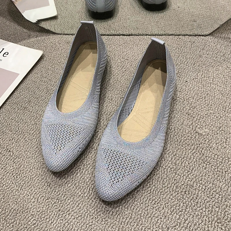 Pointed Toe Flat Shoes Women Solid Color Knitted Slip on Shoes Casual Breathable Ballet Flats Women Comfort Ladies Shoes