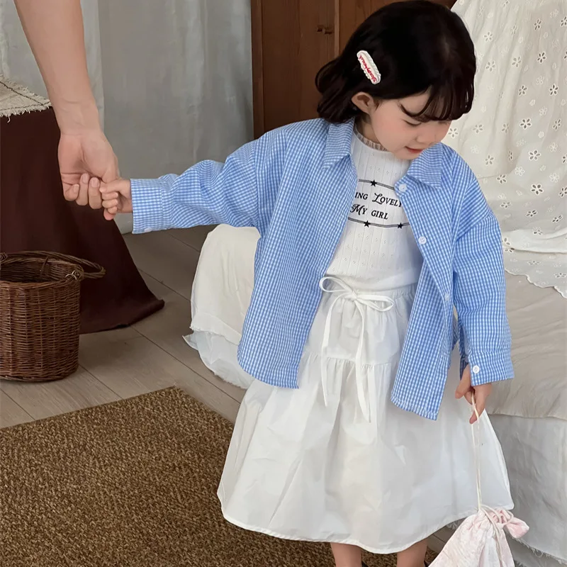 

Baby Girls Shirts Fashion 2025 Spring New Strapped Back Hollow Plaid Shirt Childrens Long Sleeve Shirt Coats
