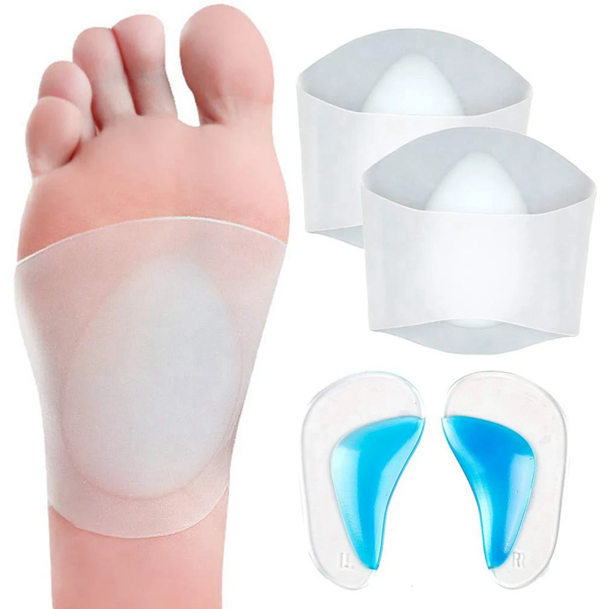 

【SEE】1 Set White Gel Arch Support Set, Sleeves/Shoe Insoles & 1 Set White+Blue Heel Cups,Gel Heel Cushion
