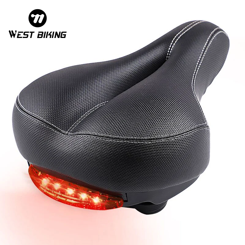 WEST BIKING Thicken Bicycle Comfortable Saddle With Warnning Rear Lights Moutain Bike Shock-Absorbing Cycling Saddle MTB Parts