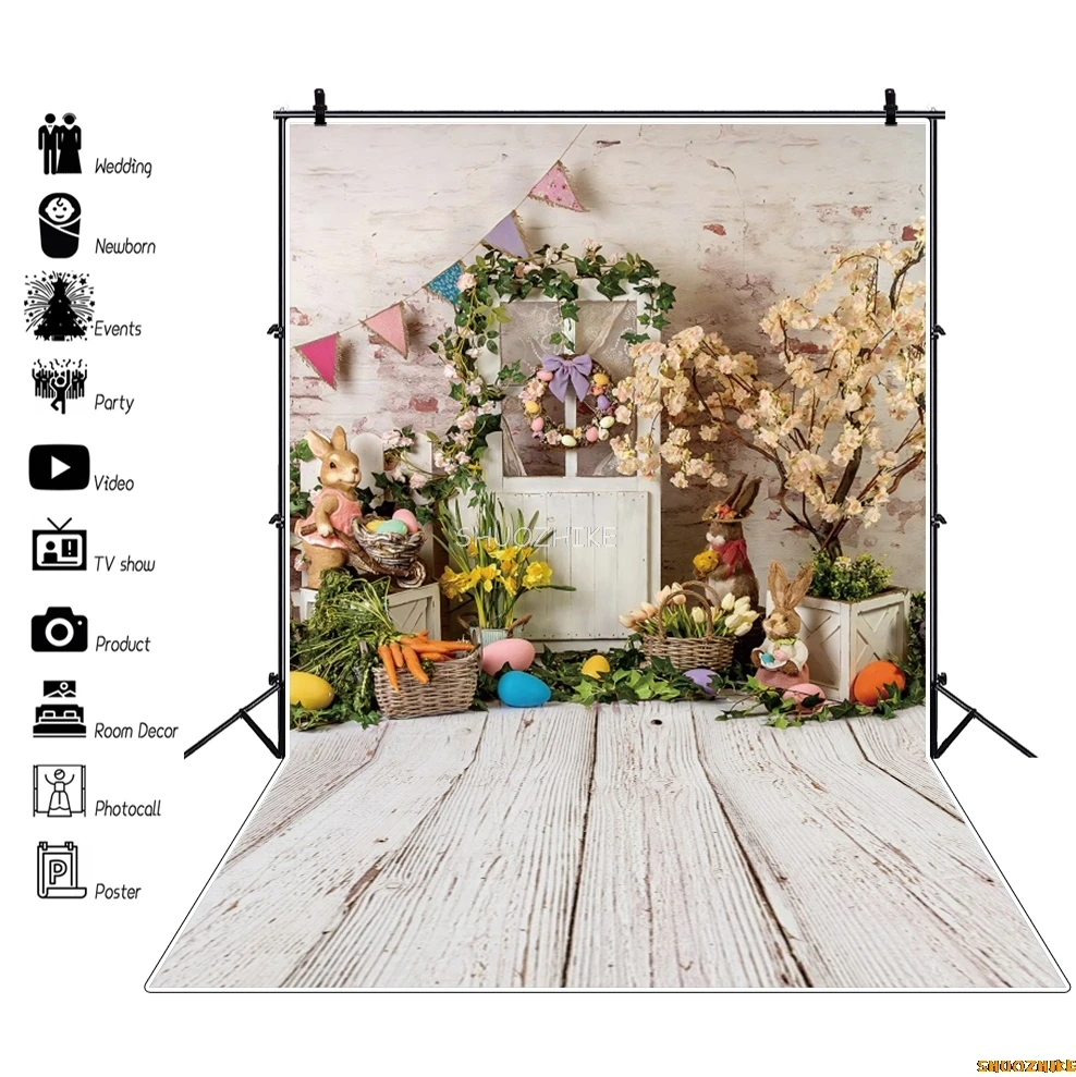 Spring Easter Backdrop Eggs Bunny Flowers Grassland Wood Floor Baby Birthday Party Kids Portrait Photography Background Decor