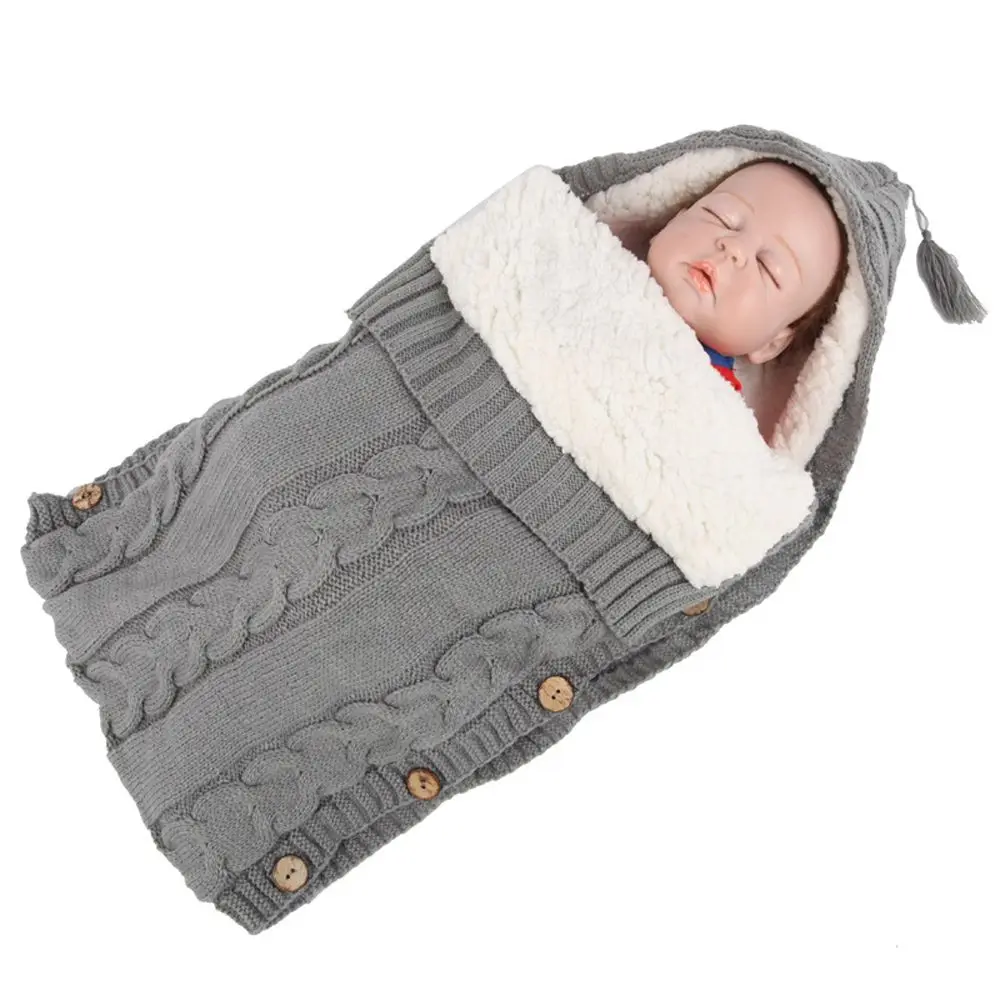 Cute Thick Winter Knit Button Newborn Wrap Blanket Baby Swaddle Wrap Swaddling Stroller Wrap Swaddle Sleeping Bag