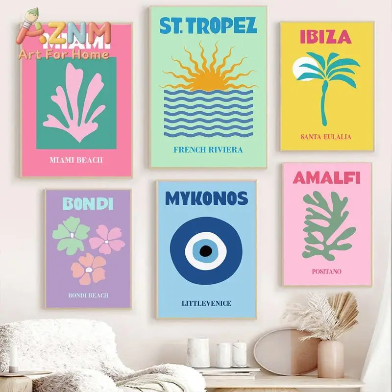 Mykonos Ibiza Miami Bondi Amalfi St.tropez Colourful Canvas Painting Travel Print Abstract Poster Murals Nordic Wall Art Deco
