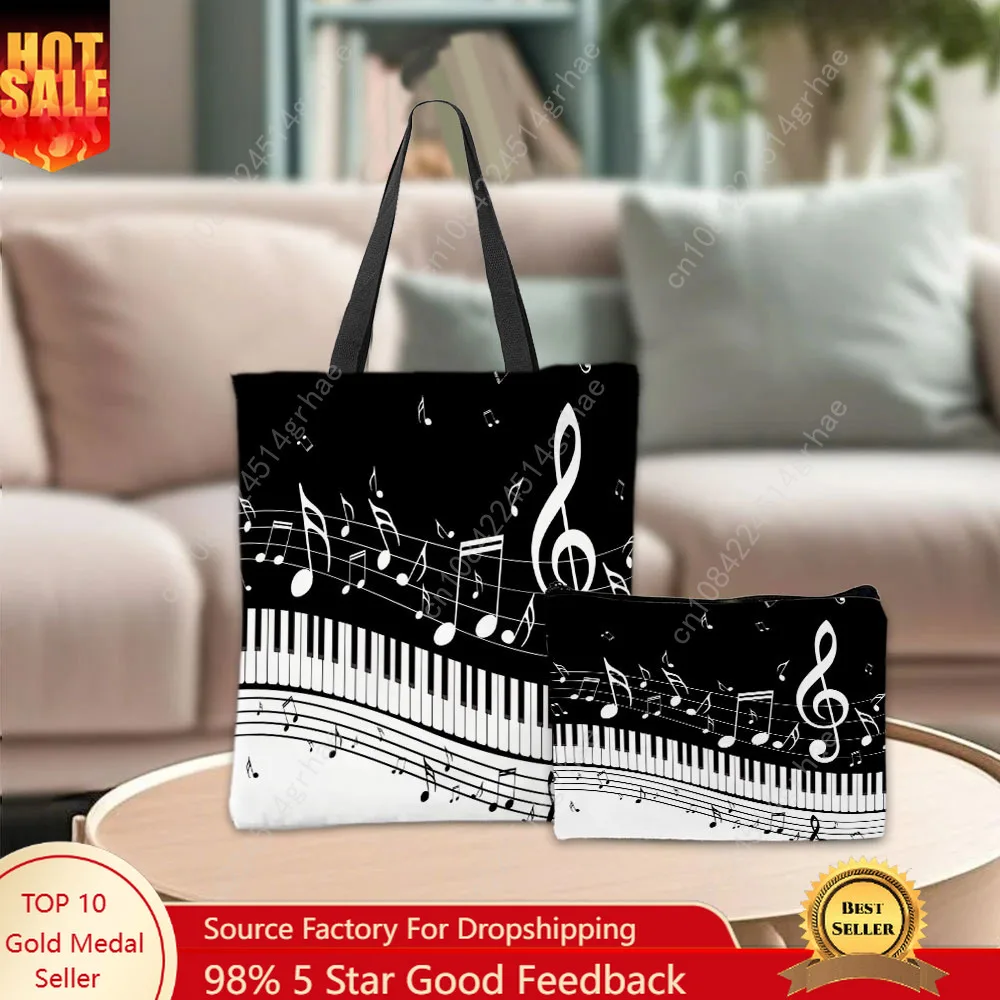 Music Note Print Shoulder Bag Makeup Bags Piano Music Elements Black White Color Handbag Casual Portable Shopping Bag Daily Use