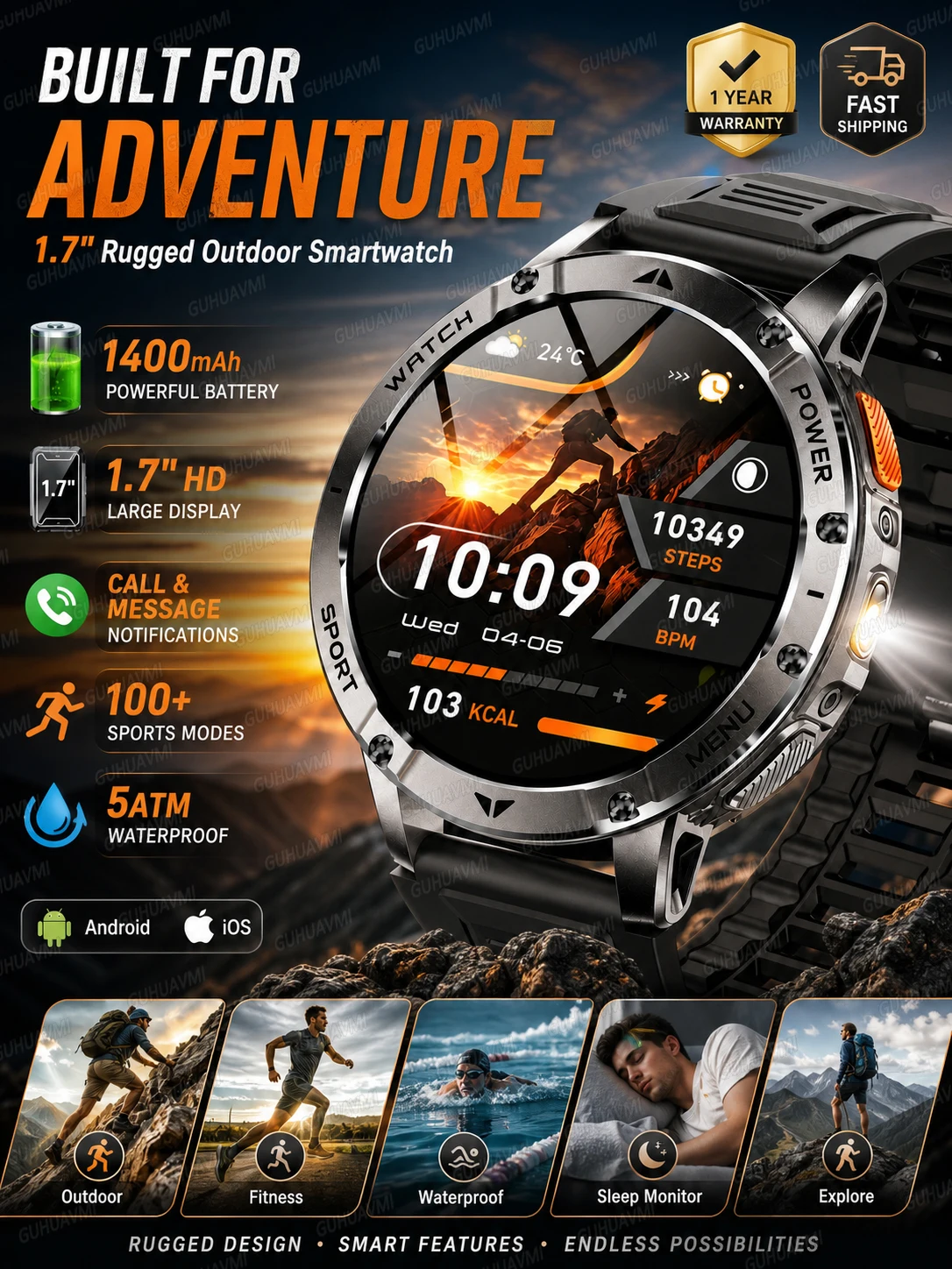 2026 Nowy Smartwatch TANK PRO z baterią 1400mAh, ekranem 1.7" HD AMOLED, latarką, funkcją monitorowania aktywności fizycznej, wodoszczelny do 10ATM. ? zdj?cie produktu 7