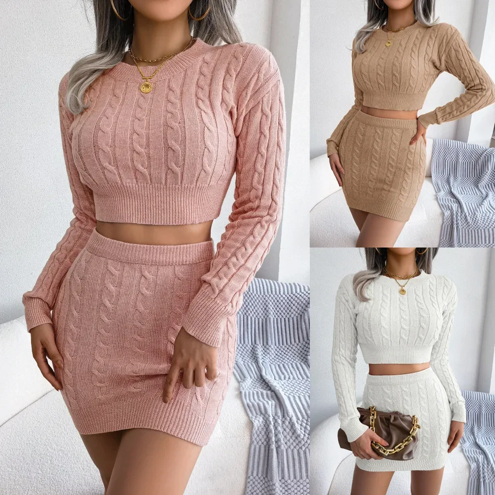 Autumn Winter 2pcs Women Clothes Set Twist Midriff-Baring Sweater Hip Mini Skirt Knitting Suit Solid Color