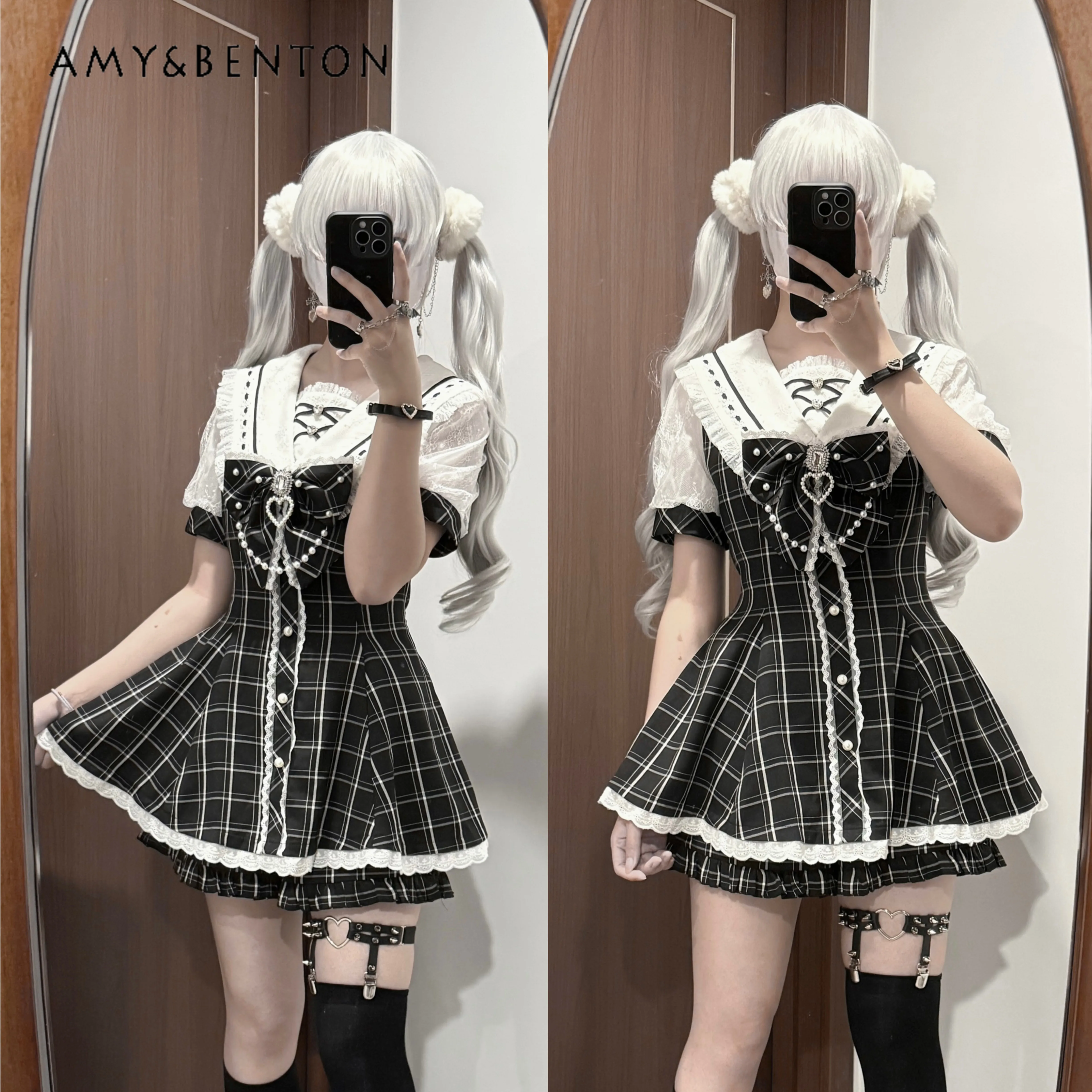 

Sweetheart Girl Japanese Mine Suit Preppy Style Navy Collar Lace Rhinestone Pearl Bow Short Sleeve Dress Shorts Two-piece Set