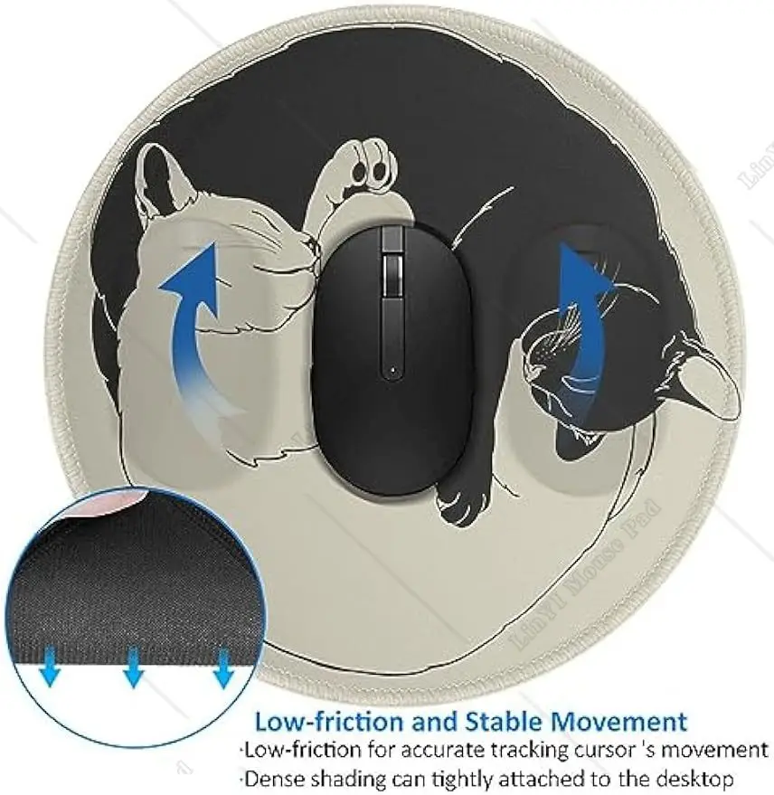 Black White Cat Round Mouse Pad Cute Small Gaming Mouse Pad Non-Slip Rubber Base Sewing Edge Suitable for Office Home 7.9 Inch