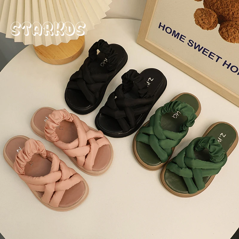 

Soft Satin Silk Strap Sandals Girls Thick Sole Slip-on Elastic Band Sandalias Kids Summer Casual Flat Shoes in Pink Green Color