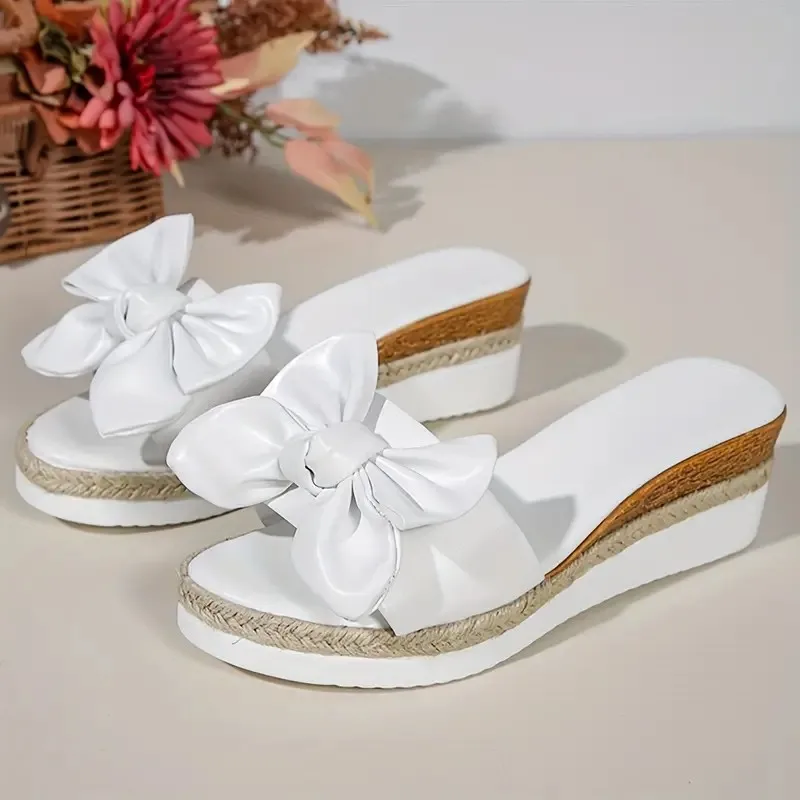 Women Shoes Thick-soled One-line Flip-flops Women 2024 New Plus Size Bow Wear Beach Slippers Women