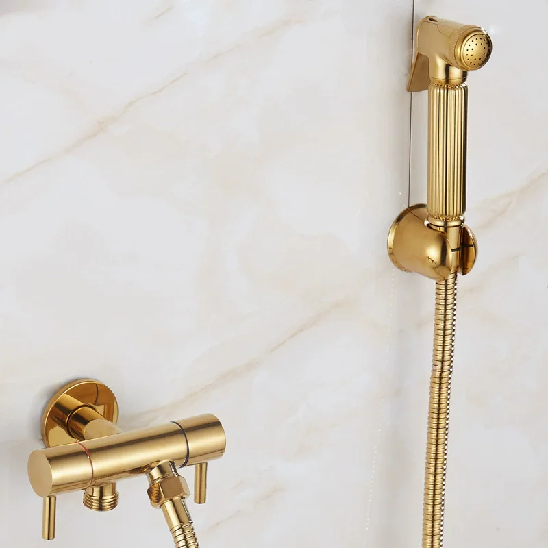 Toilet Bidet Set Gold Brass Sprayer Gun Dual Control Bathroom Handheld Toilet Jet Cleaner 2 Way Valve Water Spout Shattaf