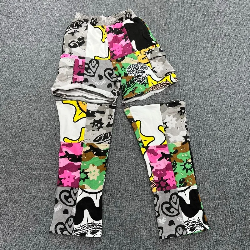 

Mens Cotton Convertible Cargo Pants Glo Gang Detachable Legs Colorful Camo Print Streetwear Trousers
