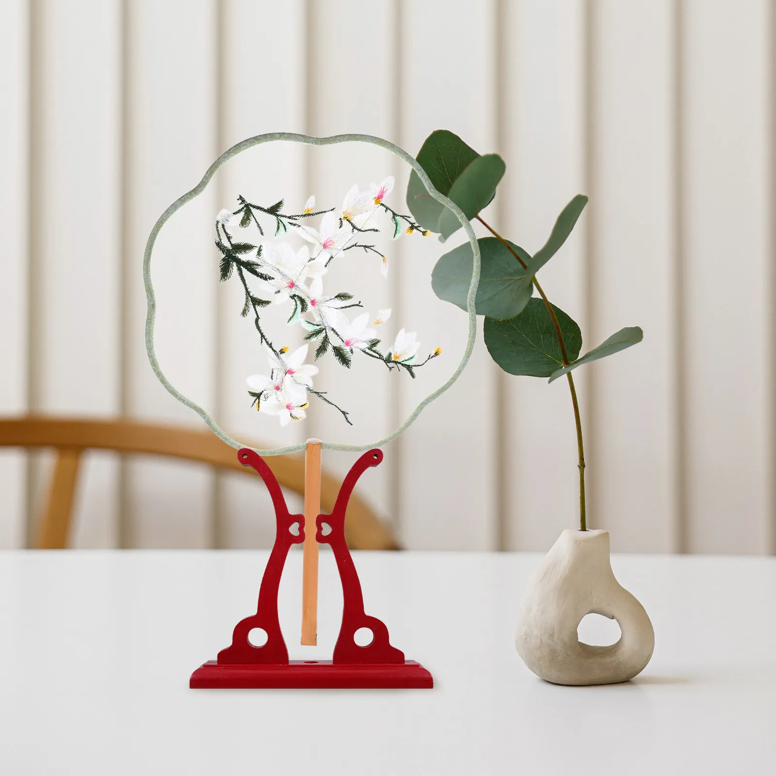 Dark Red Wooden Fan Stand Traditional Chinese Folding Fan Display Holder Detachable Base Elegant Storage Rack Swords Holder