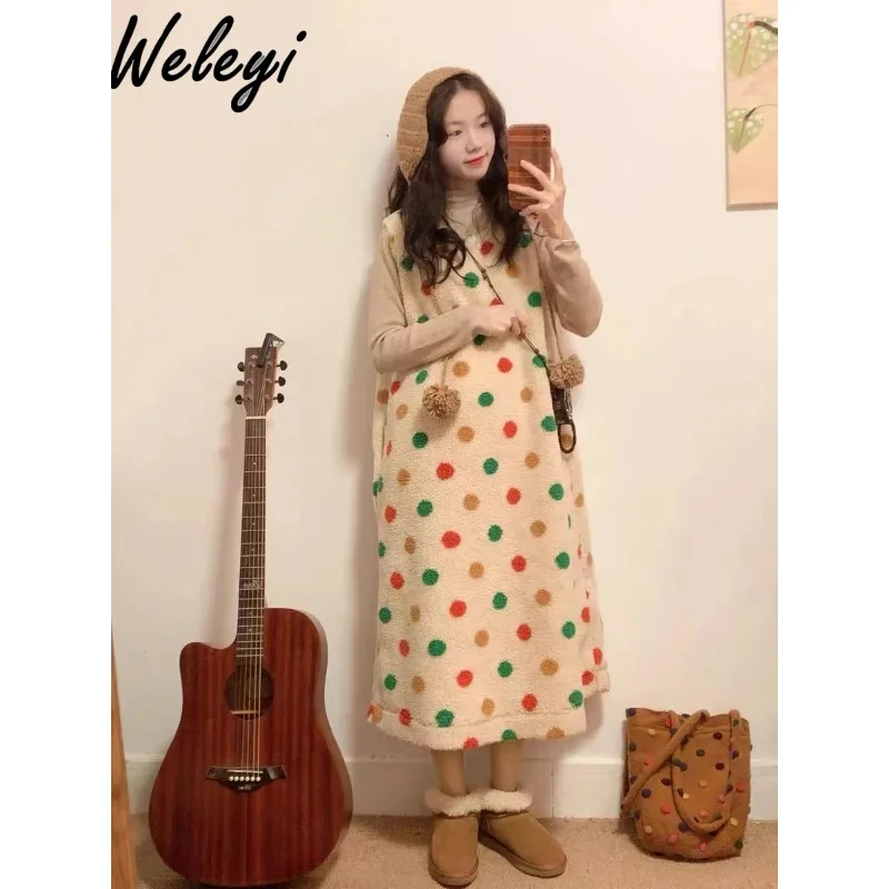 

Sweet Japanese Women's Dot Vest Dress 2024 Early Spring New Cute Kawaii Loose Colorful Dotted Sleeveless Long Dresess for Women