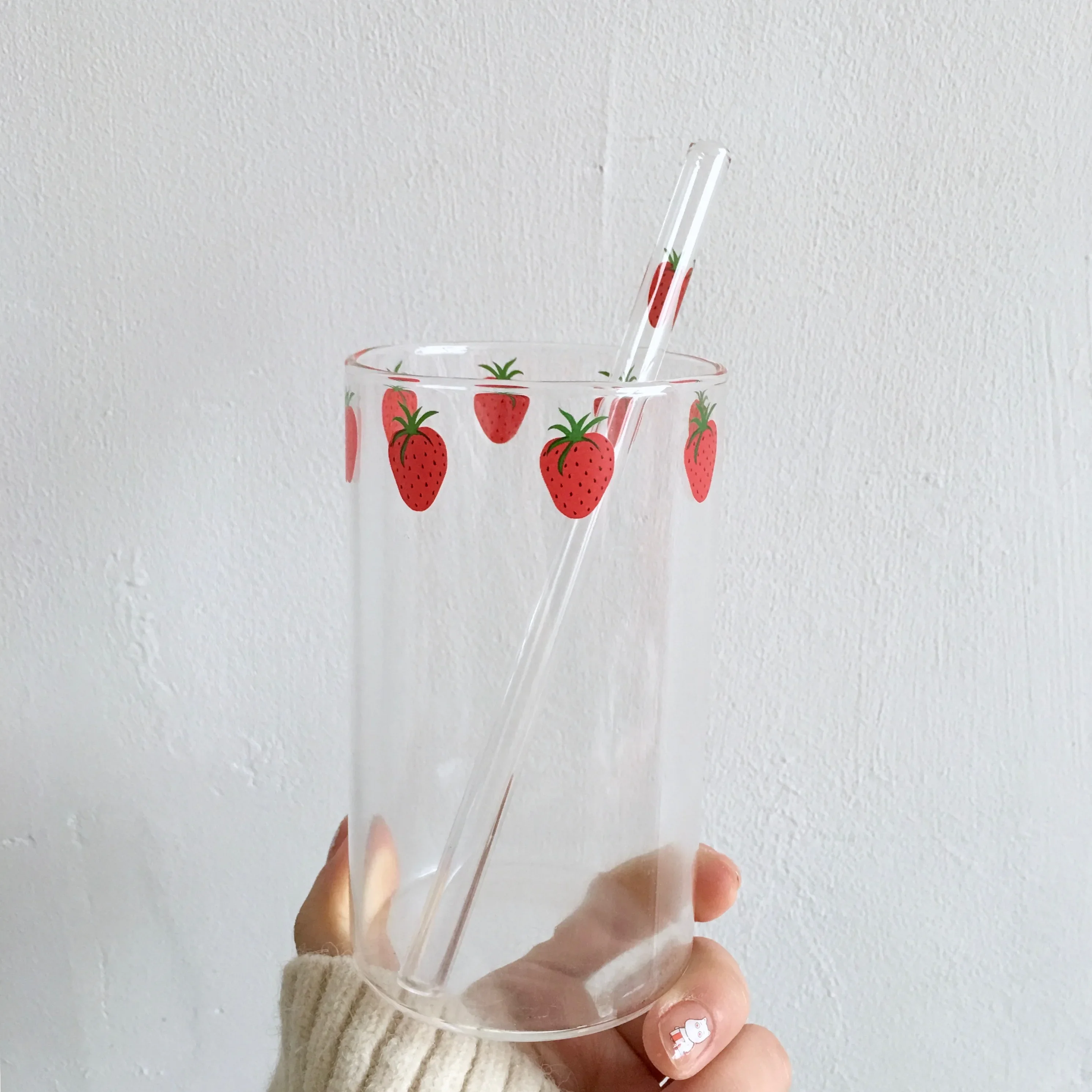 Cute Strawberries Glass Cup with Straw 300ml 10oz Thick Glass Tumbler With Strawberry Prints Heat Resistant Gift for BBF 1 PC