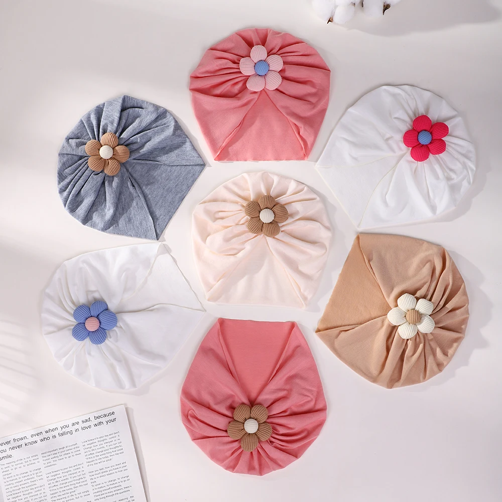 Big Flower Cotton Baby Turban Hats for Baby Boys Girls Beanies Thin Elastic Caps Bonnet Newborn Toddler 0-3T Headwraps 5 Styles