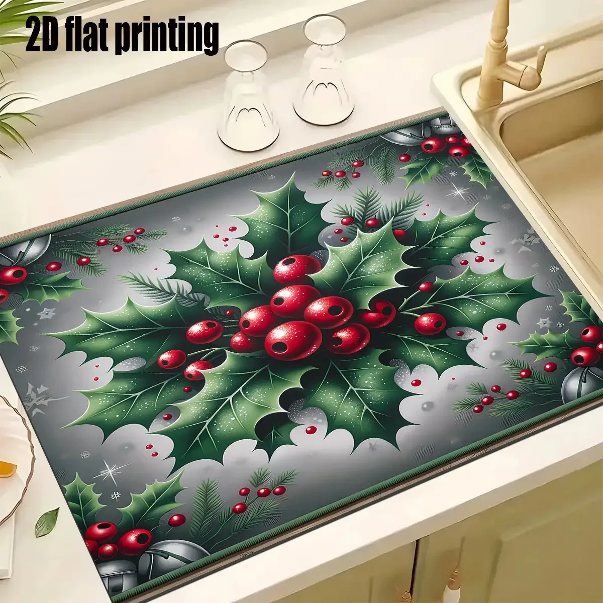 Holly Red Berry Green Leaf Print Durable Washable Kitchen Sink Drying Mat For Vintage Holiday Home Layer