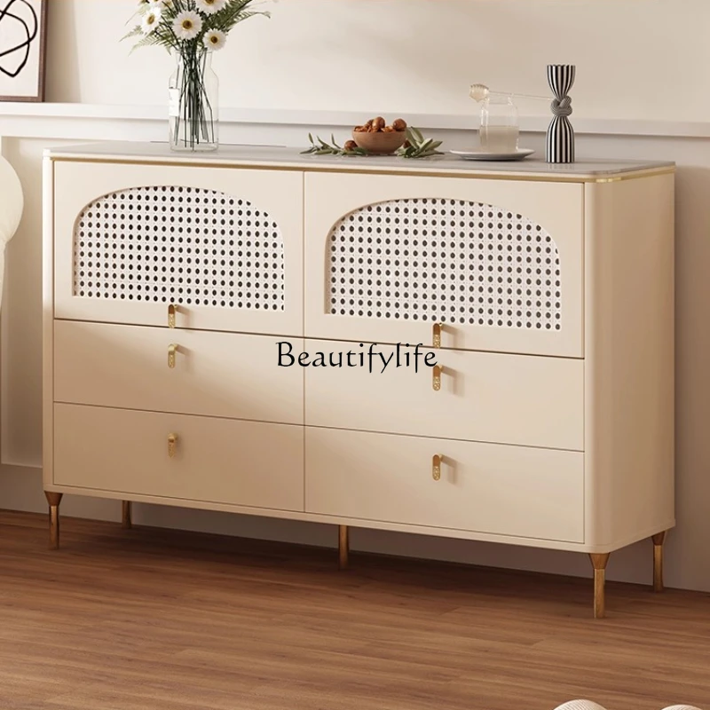 

6Modern Simple Bedroom Locker Living Room Solid Wood Rattan Drawer Cabinet Cream