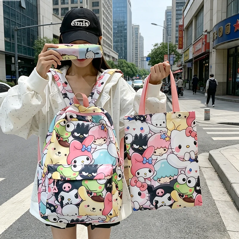 

Рюкзак Hello Kitty, 3 шт., нейлоновый, новый, большой вместимости, школьный ранец Kuromi, студенческий, мультяшный, милый, кавайный, для женщин