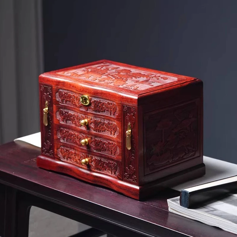 

Шкатулка для украшений из палисандра в китайском винтажном стиле, для хранения ожерелий и колец, большая вместимость, с замком