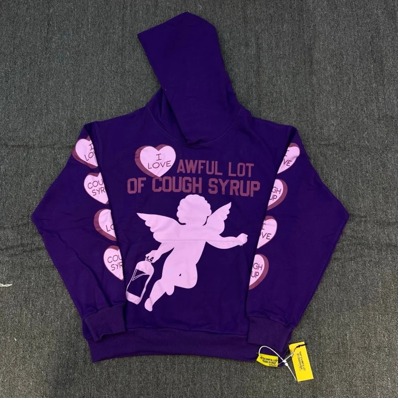 

Cough Syrup Purple Cotton Hoodie Angel Love Print Oversized Casual Streetwear Sportswear Loose Fit Pullover