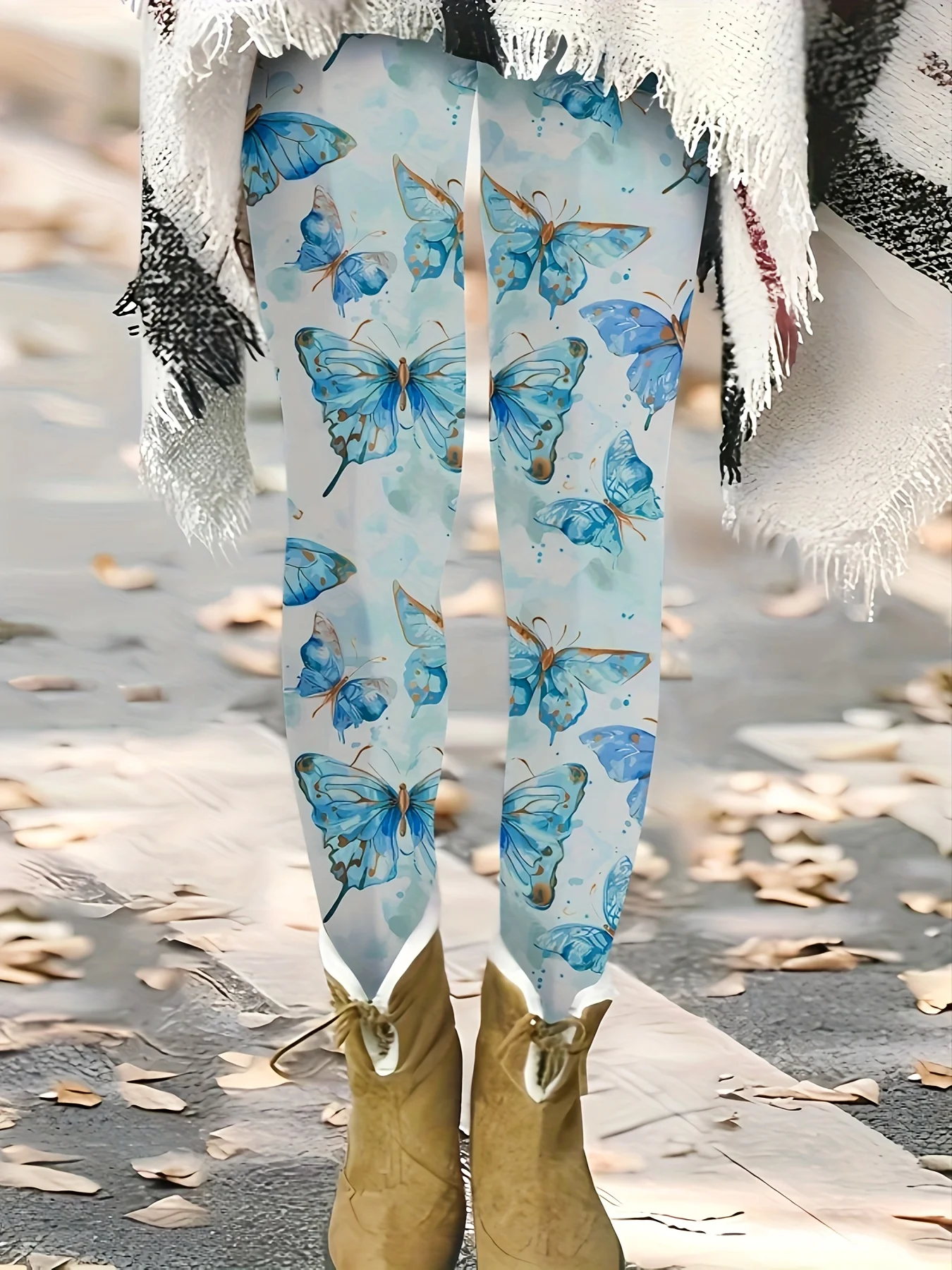 

Blue Butterfly Pattern Leggings for Women Soft Elastic Lightweight Casual Trousers