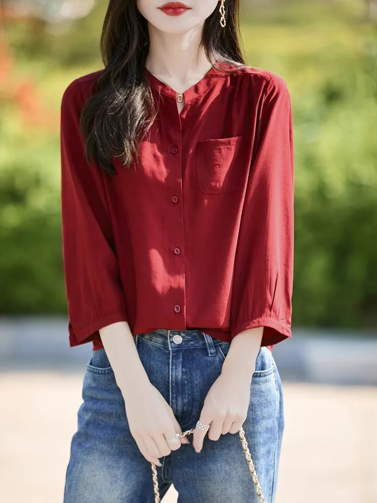 캐주얼 루즈핏 7부 소매 셔츠 여성용 얇은 브이넥 봄 여름 패션 예술적 스타일 고급스러운 블라우스