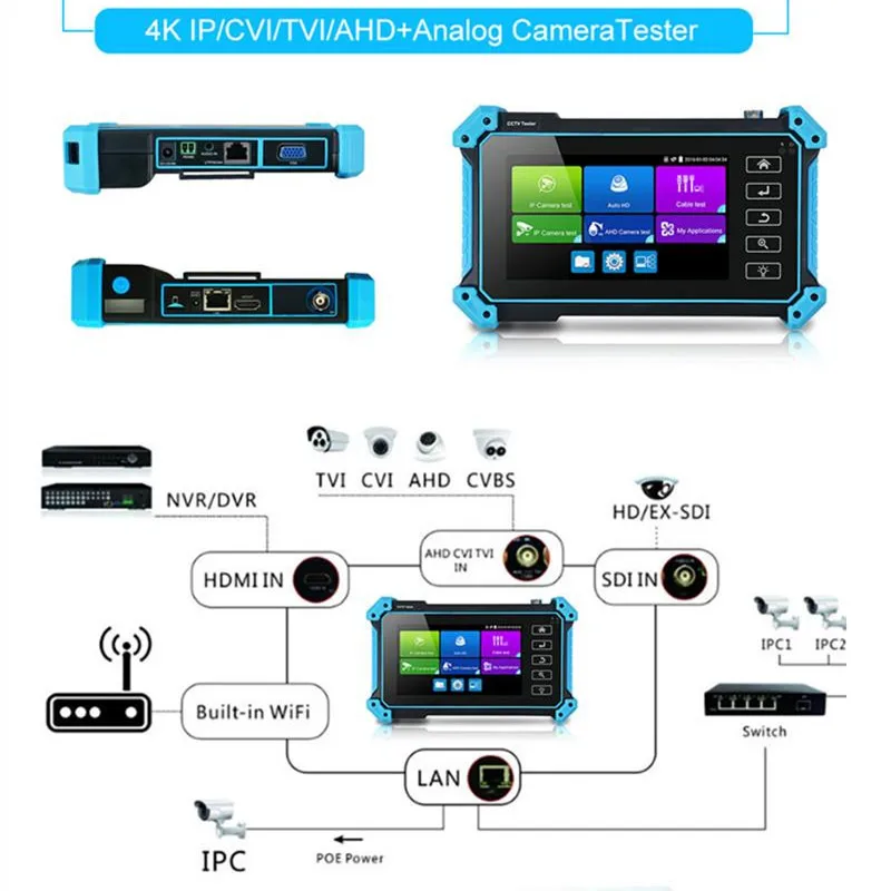 4K CCTV IPC тестер 8MP AHD CVI TVI Camera Test 4K IP Camera Tester Wi-Fi батарея PoE PTZ UTP кабель тестер с VGA HDMI вход CCTV