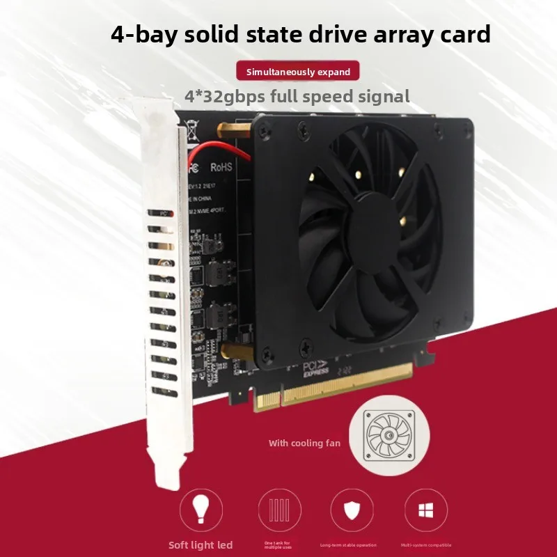 PCIe X16 To 4 Port M.2 M-Key NVMe SSD Expansion Card RAID Splitter Adapter with Cooling Fan for Desktop Motherboard