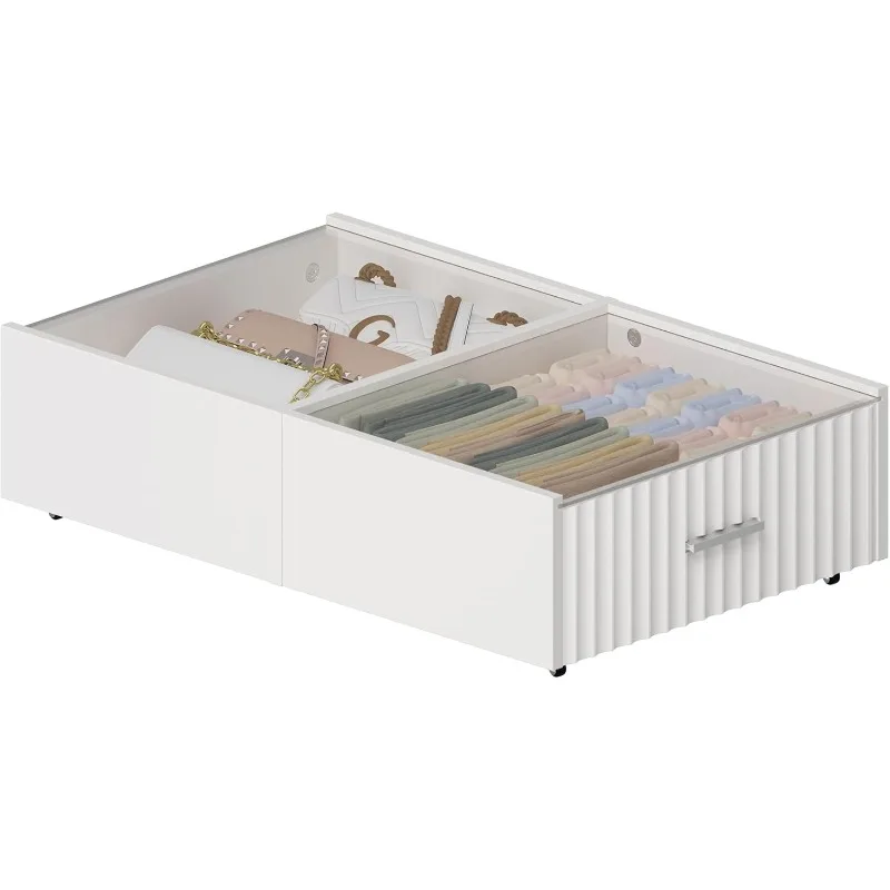 Under Bed Storage with Wheels, Rolling Fluted Under Bed Drawers, Wooden Underbed Storage Bins with Clear