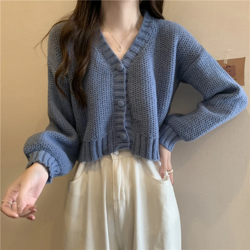 Cropped Boxy Button-Up Cardigan Sweater Women\'s Long Sleeve Plain Knitted Jacket Teen-girl Fall Winter Y2K 90s Outfit