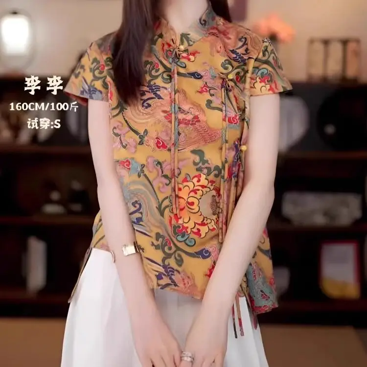 

Floral Printed Blouses Women Satin Silk Jacquard Short Sleeve Loose Shirts Chinese Ethnic Style Vintage Tang Tops