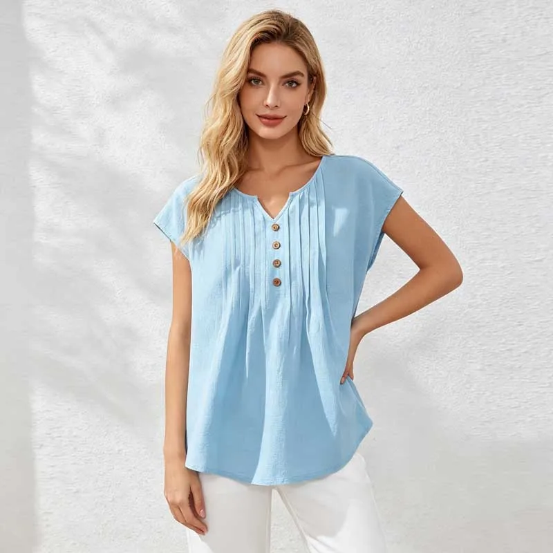 Fashion Women V Neck Casual Blouse Spring Summer Sleeveless Pleated Shirt Front Button Decor Loose Daily Commute Streetwear Tops